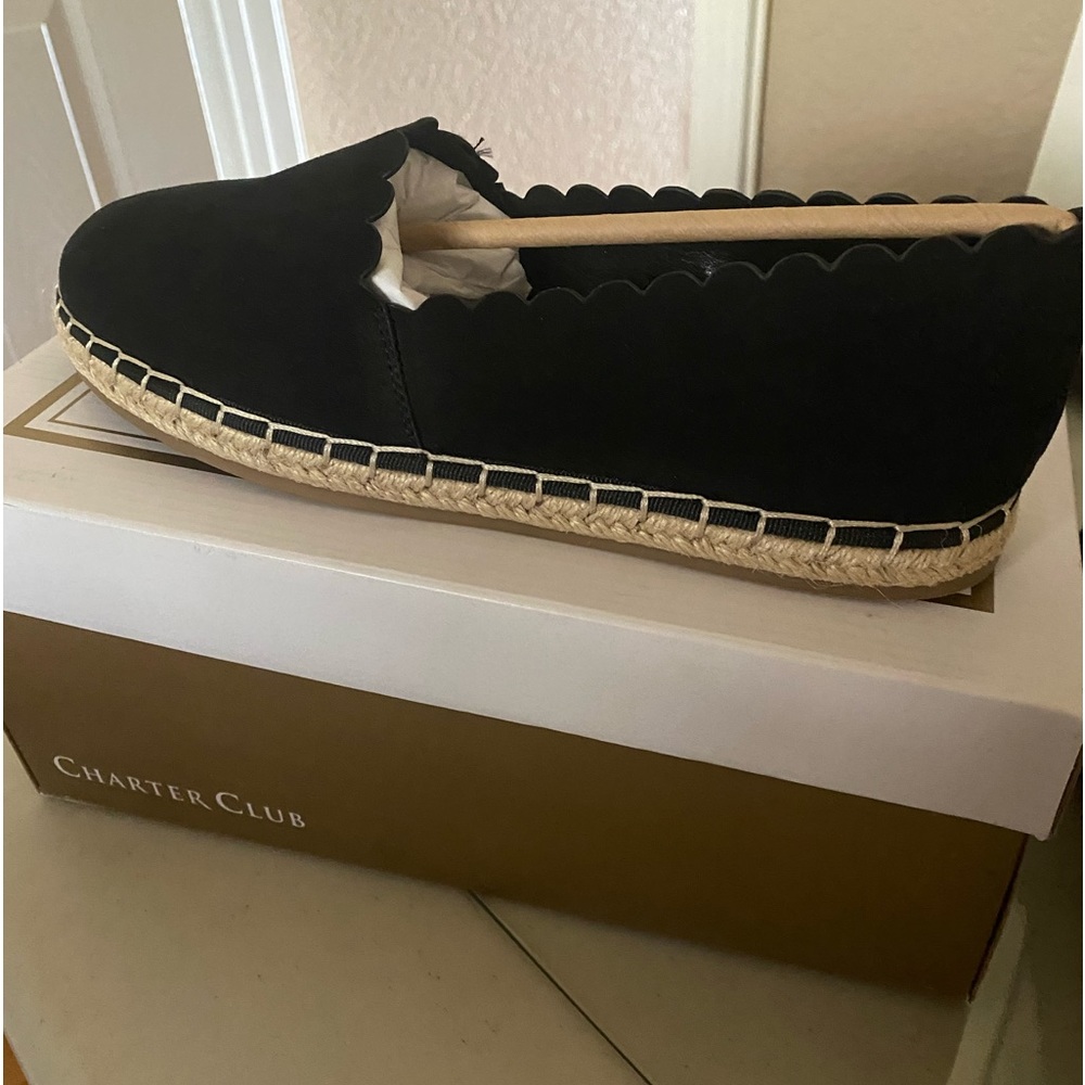 NIB Charter Club Flat Espadrille Black Microfiber Joliee Braided Scalloped 9